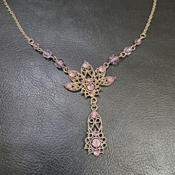 Women's Necklace Victorian Style Silver Tone Purple Beads Size 10 Inches‎ - Picture 2 of 12